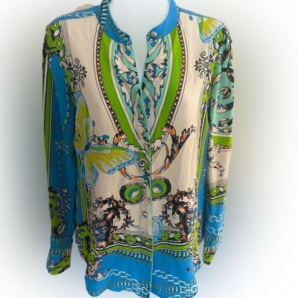 Hale Bob Silk Shirt - XS blue cream print , silk